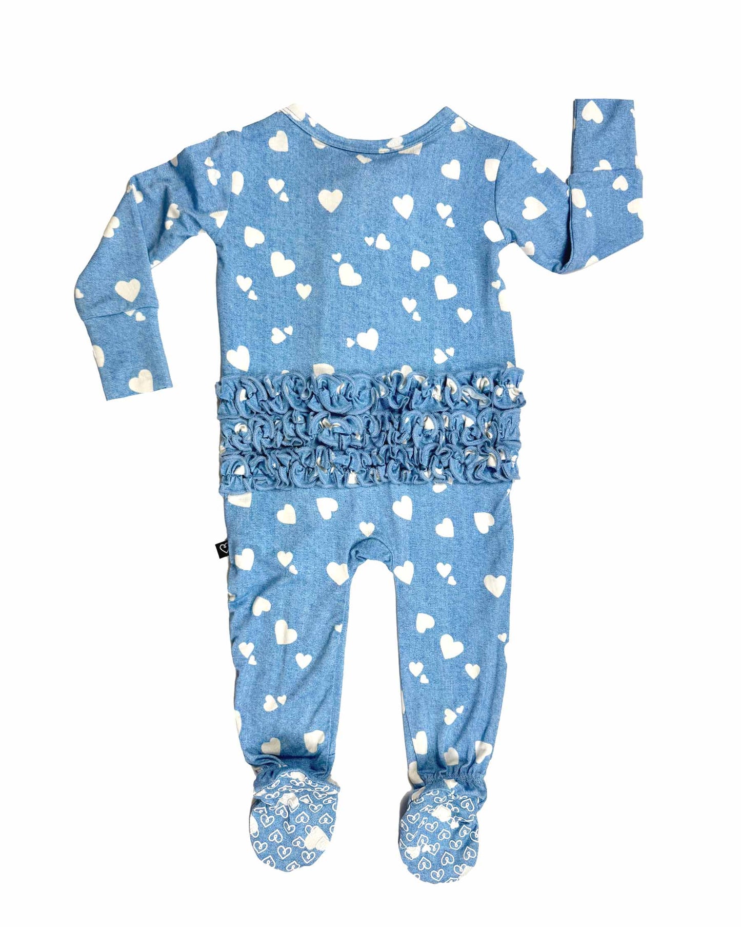 Denim Hearts Ruffled Zippered Footie