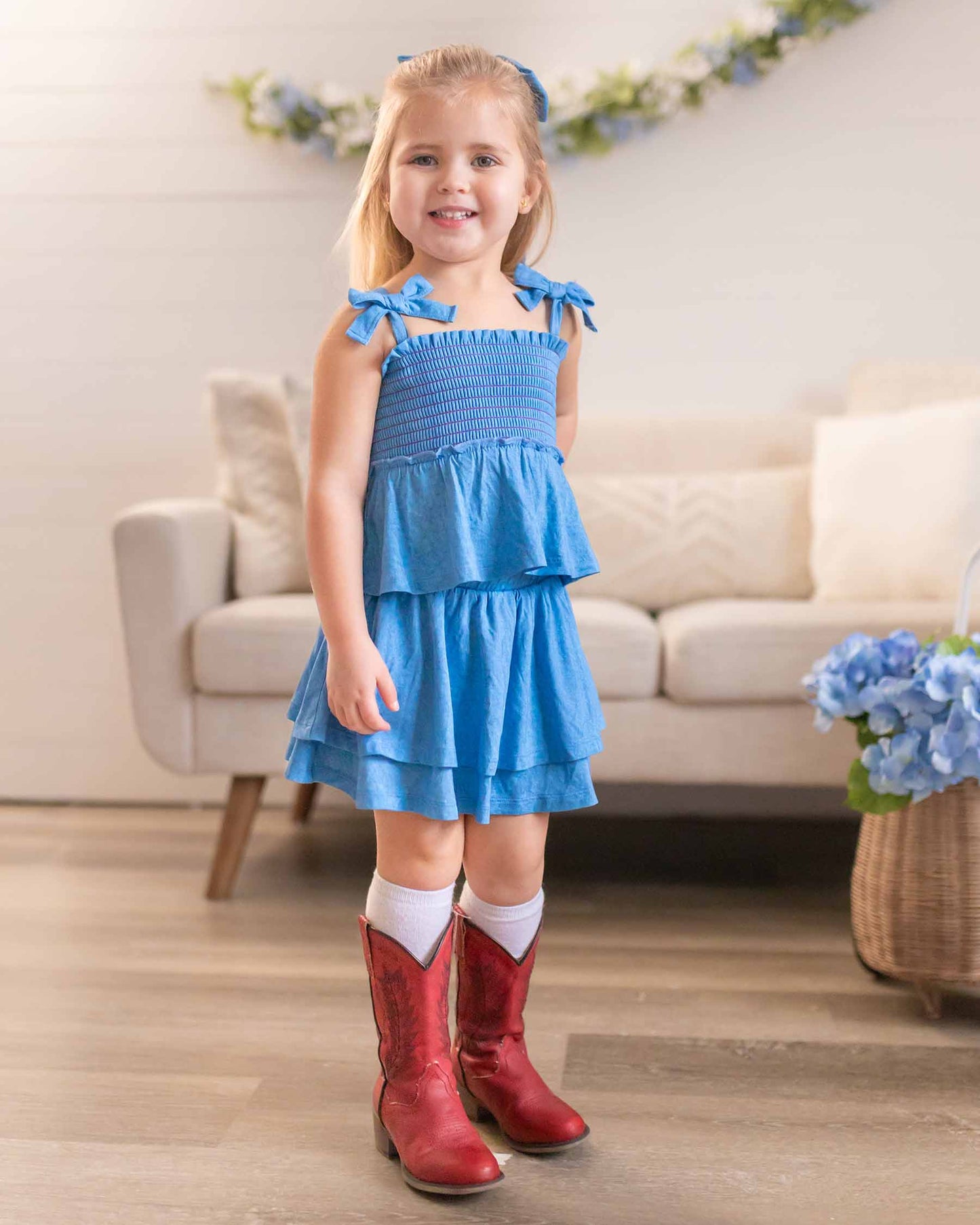 Denim Smocked Bow Top
