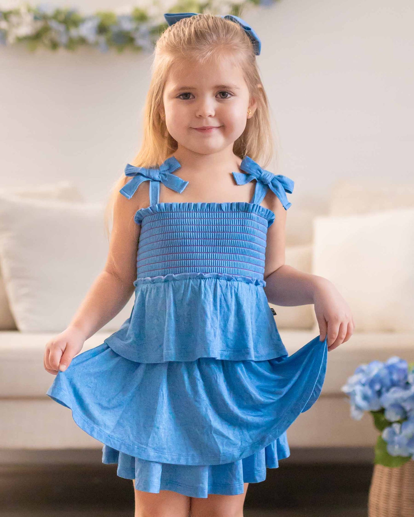 Denim Smocked Bow Top