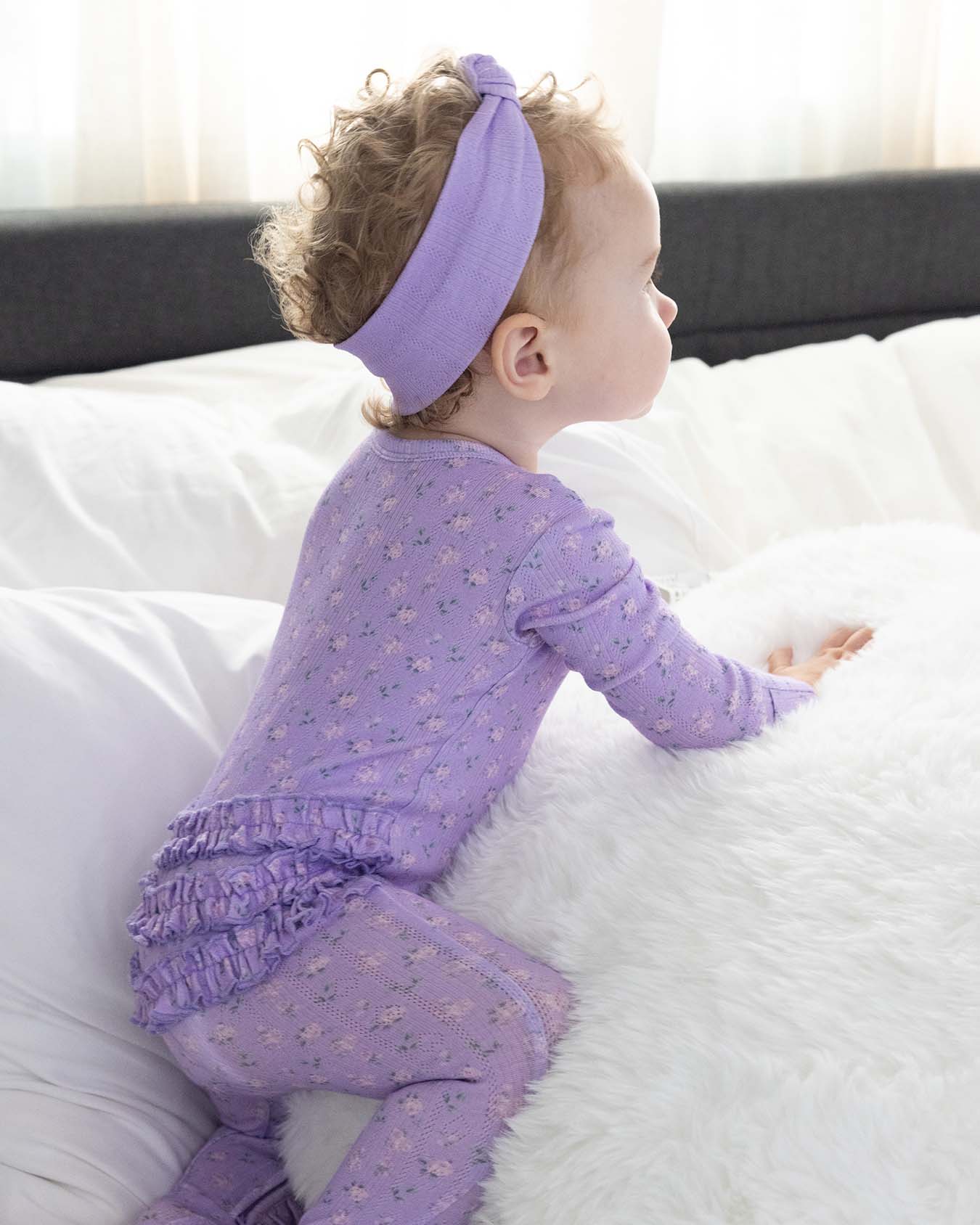 Lila Pointelle Ruffled Zippered Footie